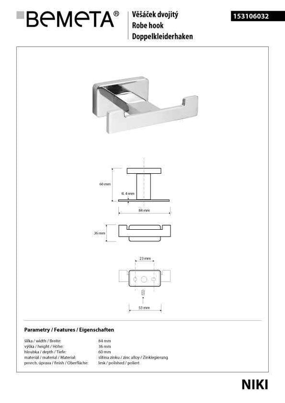 Patère double murale de douche en zinc NIKI 8,4 x6 x3,6 cm