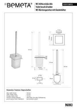 Goupillon de toilettes mural en verre et zinc NIKI 37,5 x13,5 x10,5 cm