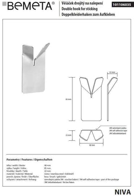 Lot de 2 patères double NIVA en acier inoxydable avec adhésive 4,8 x8,5 x2,2 cm