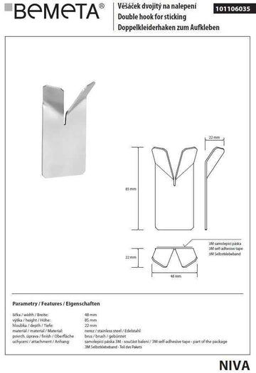 Lot de 2 patères double NIVA en acier inoxydable avec adhésive 4,8 x8,5 x2,2 cm