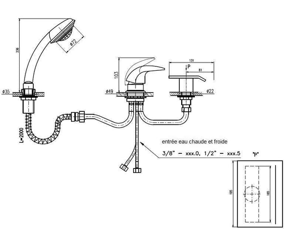 Mitigeur baignoire à cascade DANUBO 3 trous laiton chromé