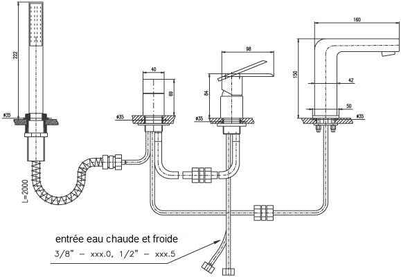 Mitigeur baignoire 4 trous LOIRA en laiton chromé