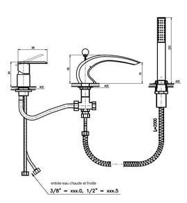 Mitigeur baignoire à cascade 3 trous LOIRA avec inverseur laiton chromé