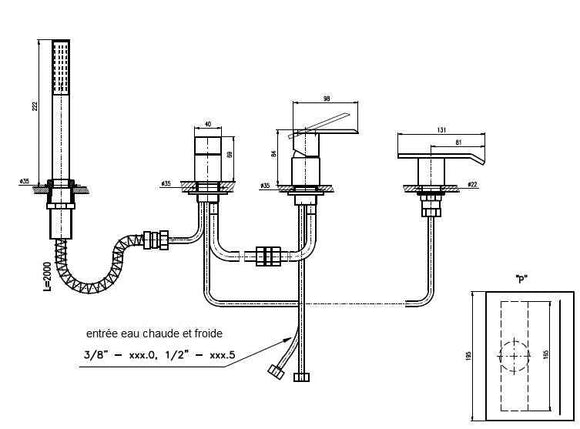 Mitigeur baignoire à cascade plat 4 trous LOIRA en laiton chromé