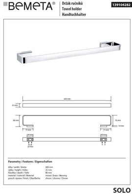 Porte-serviette mural SOLO en laiton chromé 60 x2,5 x8 cm