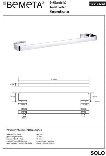 Porte-serviette mural SOLO en laiton chromé 60 x2,5 x8 cm