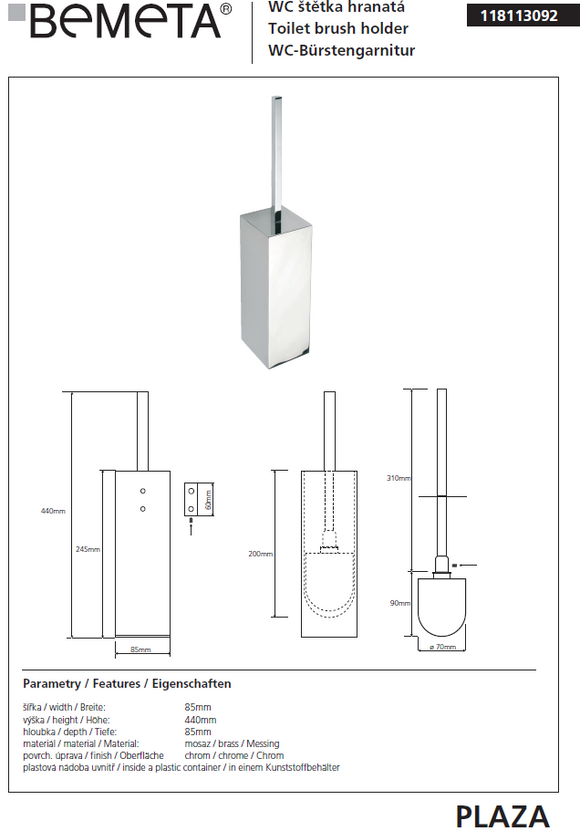 Goupillon de toilette mural en laiton chromé PLAZA 8,5x8,5x44 cm