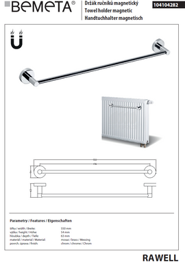 Porte-serviettes aimanté RAWELL pour radiateur 55x5,4x6,3 cm - 0