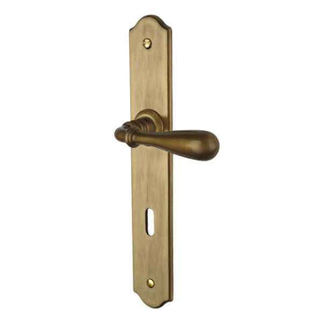 2 poignées sur plaque DURANCE, entrée de clé pour chambre, Finition laiton patiné, Entraxe standard 195 mm