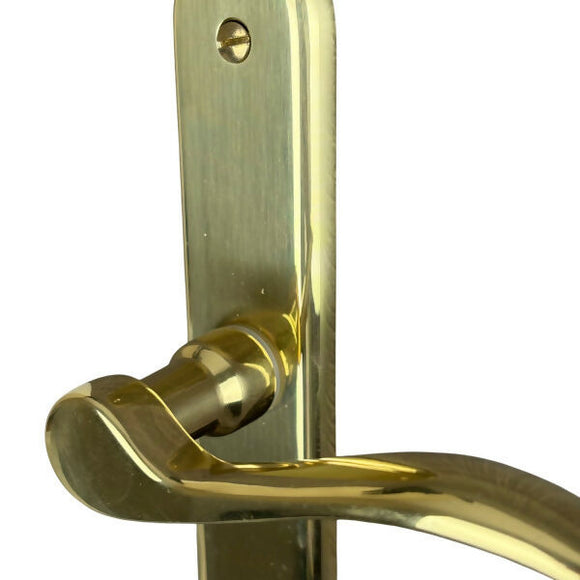 2 poignées de porte sur plaque AGATHE, Verrou de condamnation pour salle de bain/WC, Finition laiton poli, Entraxe standard 195 mm