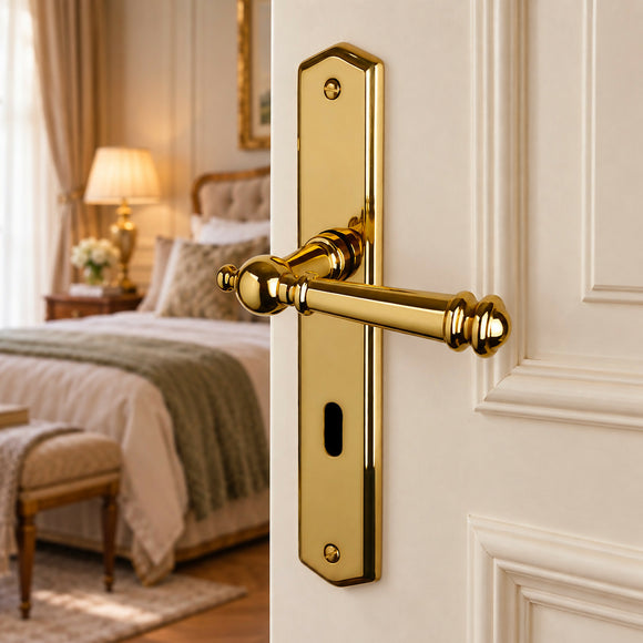 2 poignées de porte ATTILA, Entrée de clé pour chambre, Finition laiton poli doré, Entraxe standard 195 mm