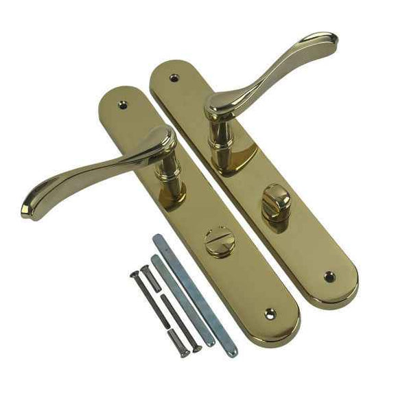 2 poignées de porte sur plaque LAURA, Verrou de condamnation pour salle de bain/WC, Finition laiton doré poli PVD titane, Entraxe standard 195 mm