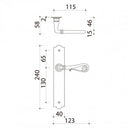 Schéma technique de poignées de porte sur plaque fine NOBLE, Sans trou pour pièce à vivre, Finition fer patiné gris, Entraxe standard 195 mm
