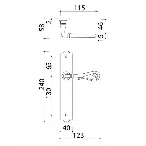 Schéma technique de poignées de porte sur plaque fine NOBLE, Sans trou pour pièce à vivre, Finition fer patiné gris, Entraxe standard 195 mm