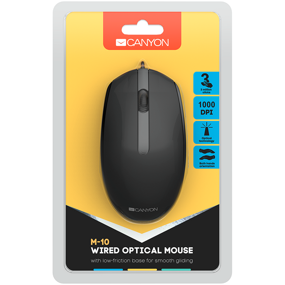 CANYON M-10, Canyon Wired optical mouse with 3 buttons, DPI 1000, with 1.5M USB cable, black, 65*115*40mm, 0.1kg