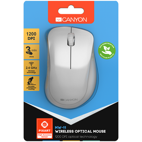 CANYON MW-11, 2.4 GHz Wireless mouse ,with 3 buttons, DPI 1200, Battery:AAA*2pcs ,pearl white grey67*109*38mm 0.063kg