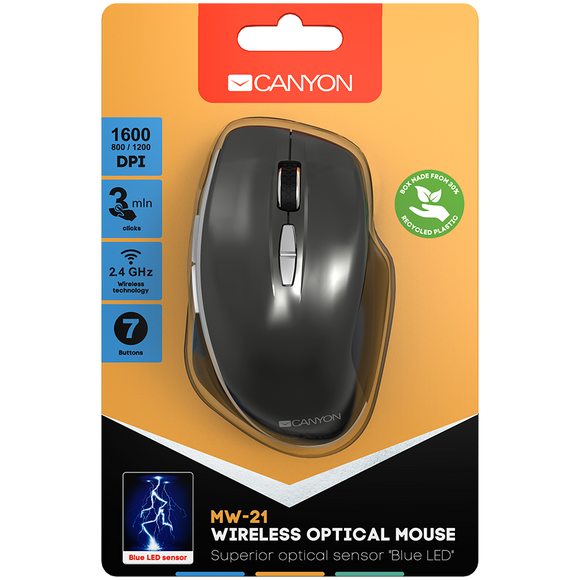 CANYON MW-21, 2.4 GHz Wireless mouse,with 7 buttons, DPI 800/1200/1600, Battery:AAA*2pcs,Dark gray72*117*41mm 0.075kg