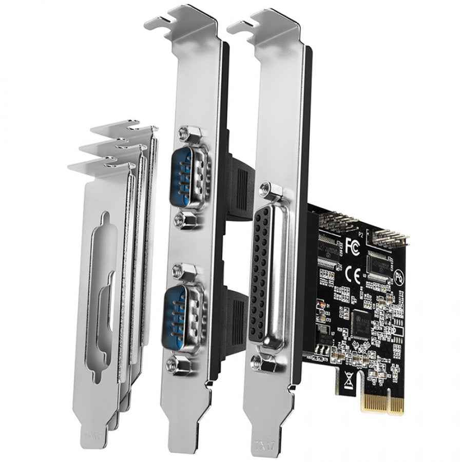 Carte PCI-Express avec un port parallèle et deux ports série 250 kbps. ASIX AX99100. Profil standard et bas.