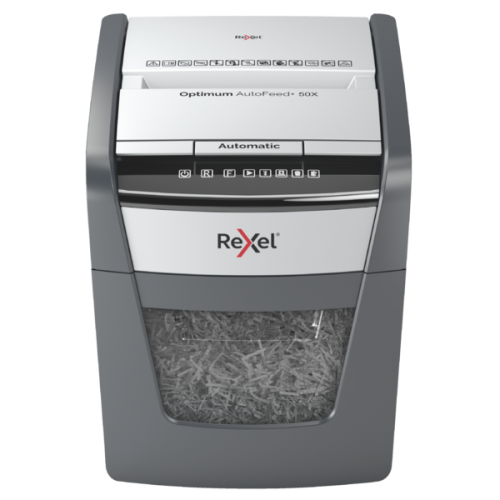 Rexel Optimum AutoFeed+ 50X Paper Shredder Cross cut shredding 4x28mm P-4 20L 55dB, Grey/Black