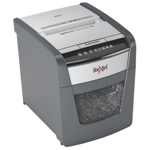 Rexel Optimum AutoFeed+ 50X Paper Shredder Cross cut shredding 4x28mm P-4 20L 55dB, Grey/Black