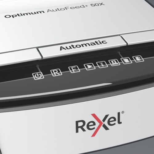 Rexel Optimum AutoFeed+ 50X Paper Shredder Cross cut shredding 4x28mm P-4 20L 55dB, Grey/Black