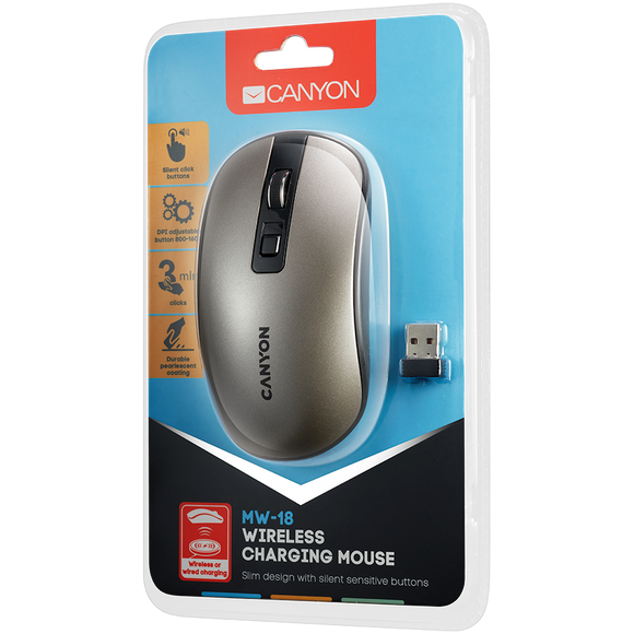 CANYON MW-18, 2.4GHz Wireless Rechargeable Mouse with Pixart sensor, 4keys, Silent switch for right/left keys,DPI: 800/1200/1600, Max. usage 50 hours for one time full charged, 300mAh Li-poly battery, Dark grey, cable length 0.6m, 116.4*63.3*32.3mm, 0.075
