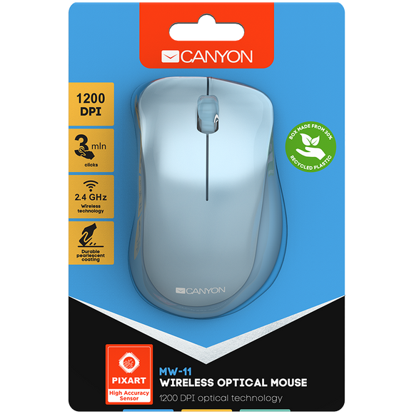 CANYON MW-11, 2.4 GHz Wireless mouse ,with 3 buttons, DPI 1200, Battery:AAA*2pcs ,Blue67*109*38mm 0.063kg