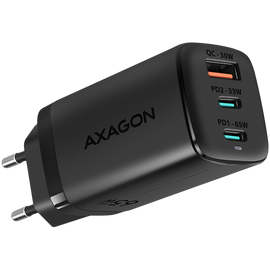 Axagon GaN wallcharger <240V / 3x port (USB + dual USB-C), PD3.0/QC4+/PPS/Apple. 65W total power.