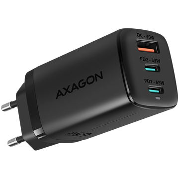 Axagon GaN wallcharger <240V / 3x port (USB + dual USB-C), PD3.0/QC4+/PPS/Apple. 65W total power.