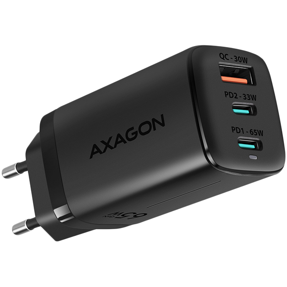 Axagon GaN wallcharger <240V / 3x port (USB + dual USB-C), PD3.0/QC4+/PPS/Apple. 65W total power.