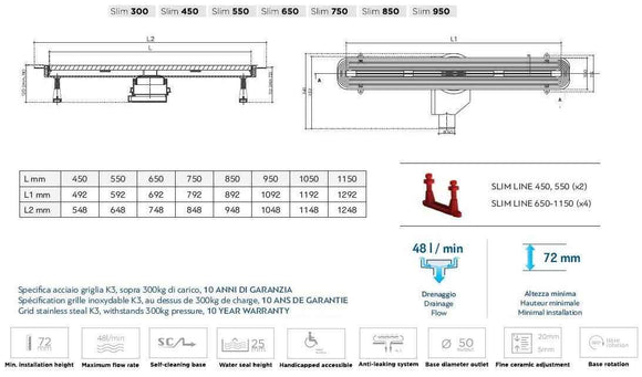 Caniveau de douche en acier inoxydable CONFLUO SLIM LINE