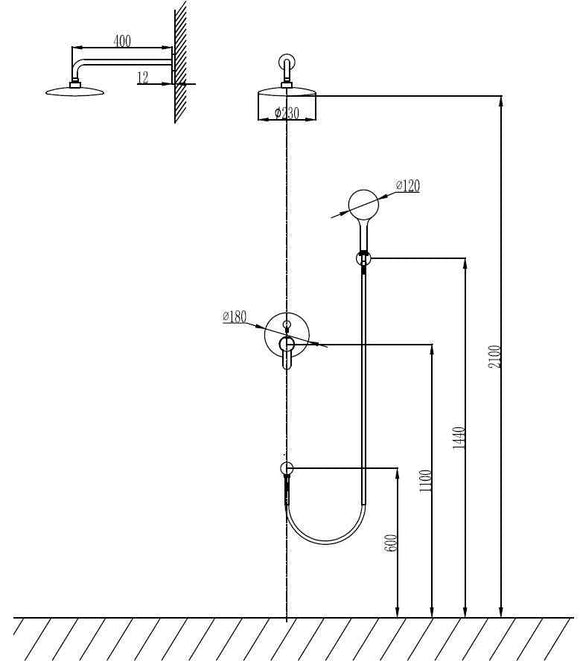 Ensemble de douche à encastrer ARTEMIS avec douchette en inox noir 210 cm