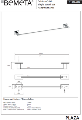 Porte-serviettes PLAZA en laiton chromé 7x62,5x3,5 cm