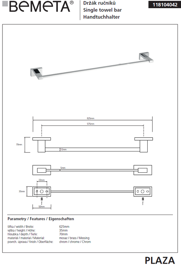 Porte-serviettes PLAZA en laiton chromé 7x62,5x3,5 cm