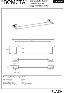Porte-serviettes double PLAZA en laiton chromé 12x62,5x3,5 cm