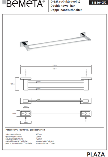 Porte-serviettes double PLAZA en laiton chromé 12x62,5x3,5 cm