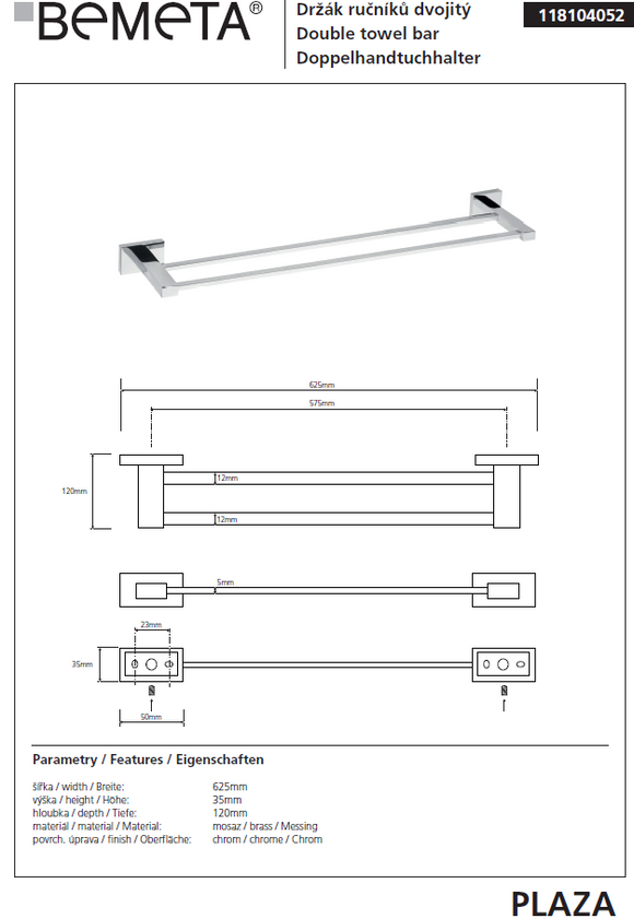 Porte-serviettes double PLAZA en laiton chromé 12x62,5x3,5 cm