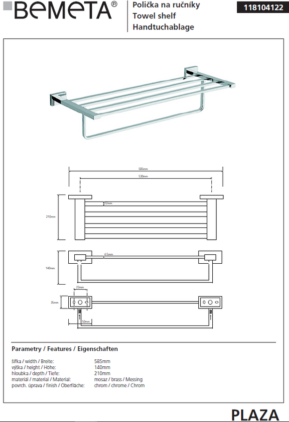 Etagère porte-serviettes murale PLAZA en laiton chromé 21x58,5x14 cm