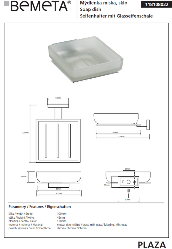 Porte-savon mural en verre PLAZA 13x10x4,5 cm