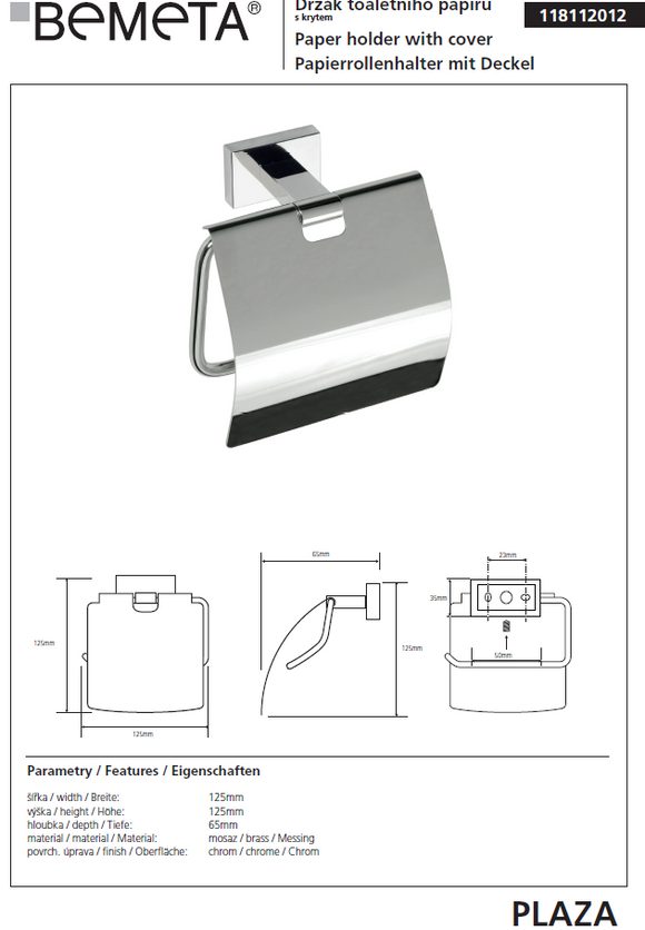 Dérouleur papier-toilette PLAZA en laiton chromé 12,5x12,5x6,5 cm