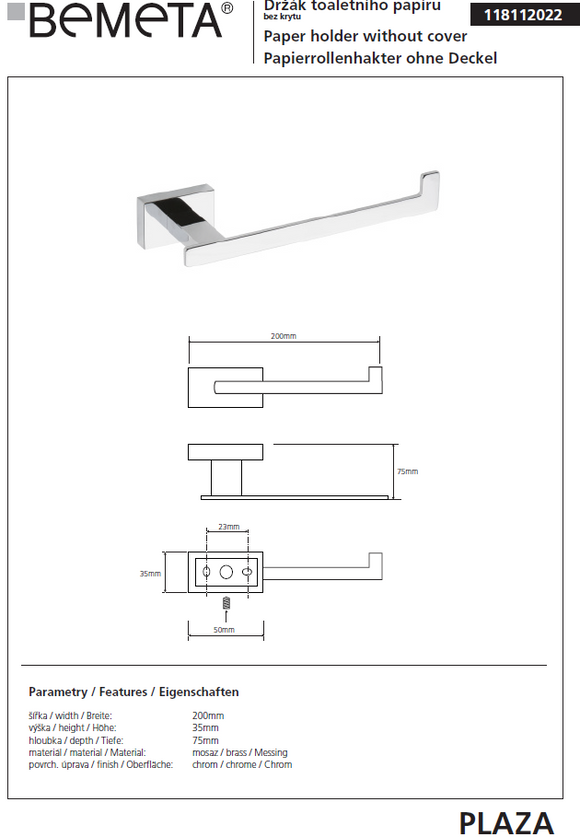 Dérouleur papier toilette en laiton chromé PLAZA 7,5x20x3,5 cm