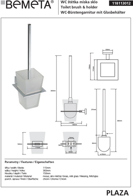 Brosse de toilettes murale PLAZA, bol en verre 15x11,5x36 cm