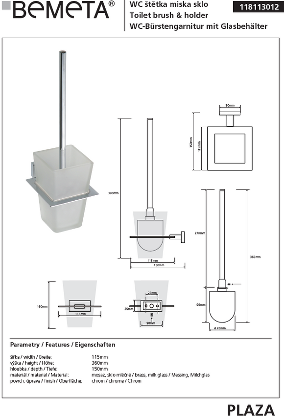 Brosse de toilettes murale PLAZA, bol en verre 15x11,5x36 cm