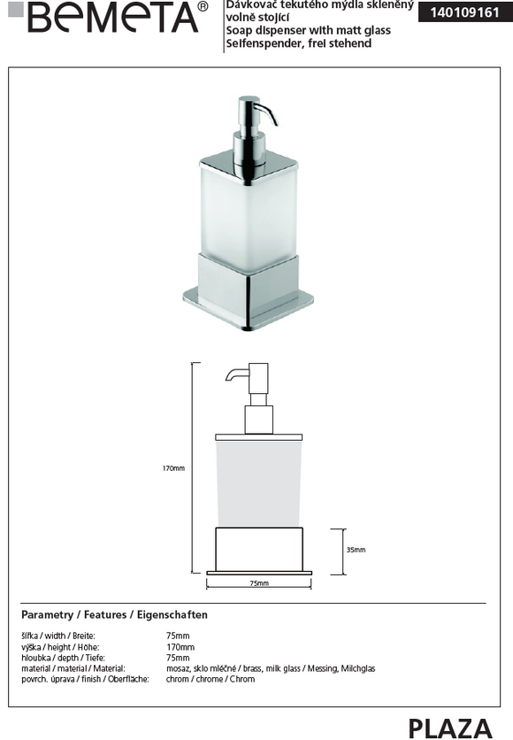 Distributeur de savon liquide en verre pose libre PLAZA 8x8x16,5 cm