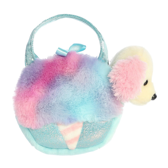 Peluche chien aurora fancy pals dans un sac à barbe à papa 20 cm