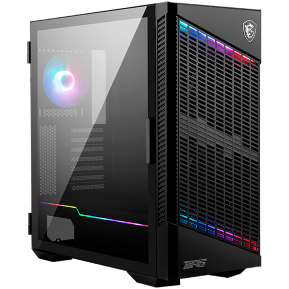 MSI MPG VELOX 100P AIRFLOW Mid Tower Gaming Computer Case 'Black, 3x 120mm Fan + 1x 120mm ARGB Fan, ARGB light strip, USB Type-C, 1x Tempered Glass, Center, E-ATX, ATX, mATX, mini-ITX'