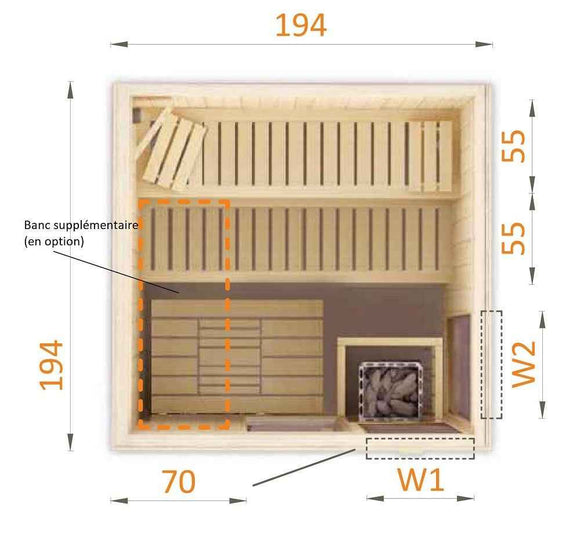 Sauna finlandais 2 fenêtres vitrées AFO 4/5 places 194x194 x H.199 cm