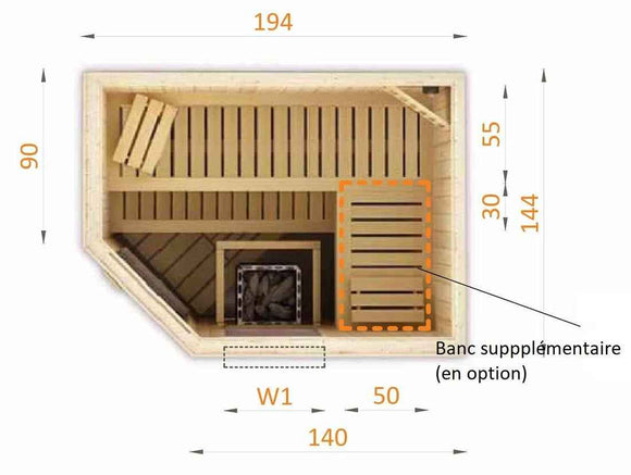 Cabine de sauna d’angle finlandais vitrée PERHE 4 places 194x144 x H.199 cm