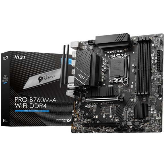MSI | PRO B760M-A WIFI DDR4 | Processor family Intel | Processor socket LGA1700 | DDR4 | Supported hard disk drive interfaces SATA, M.2 | Number of SATA connectors 4