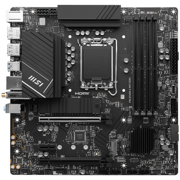 MSI | PRO B760M-A WIFI DDR4 | Processor family Intel | Processor socket LGA1700 | DDR4 | Supported hard disk drive interfaces SATA, M.2 | Number of SATA connectors 4